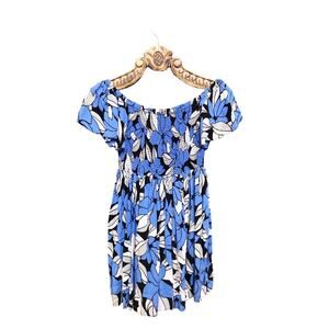 Free People Off the Shoulder Smocked Babydoll Mini Dress Blue Floral Pockets S